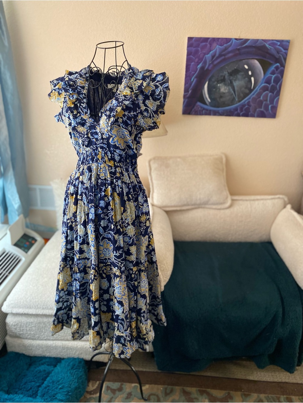 Elan Navy and Yellow Floral Ruffled Midi Dress - Picture 16 of 16